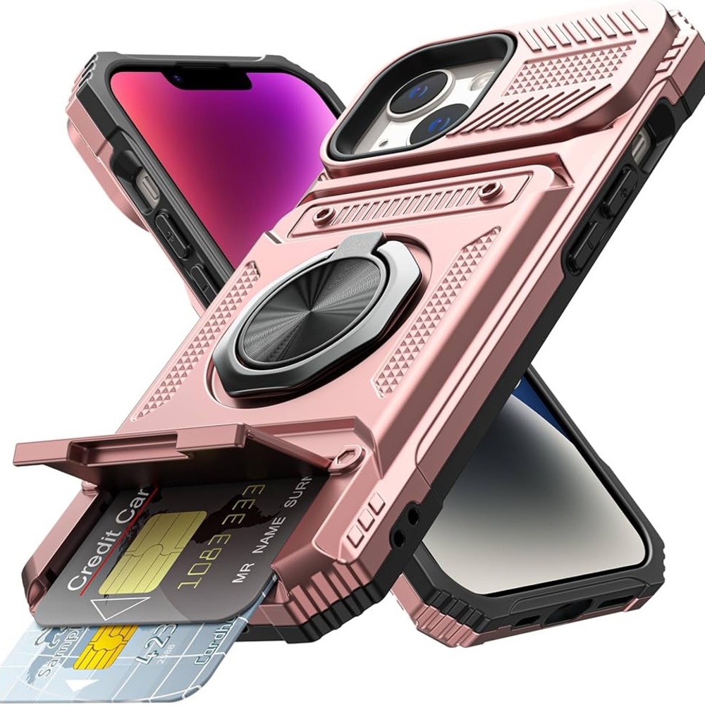 Vofolen Pink Rose Gold Protective iPhone 14 Case with Wallet Card Holder